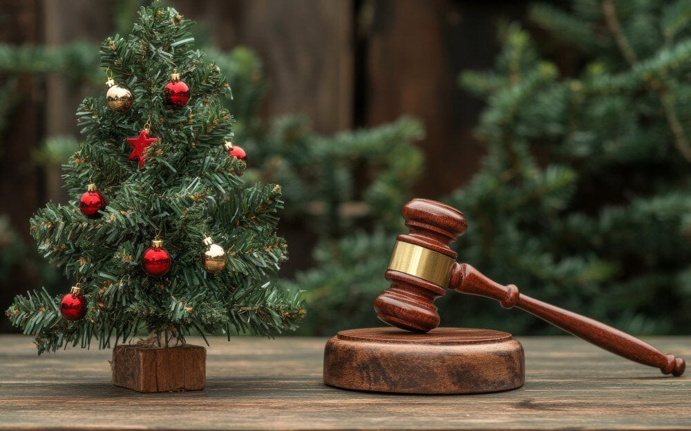 Christmas tree next to an auction gavel