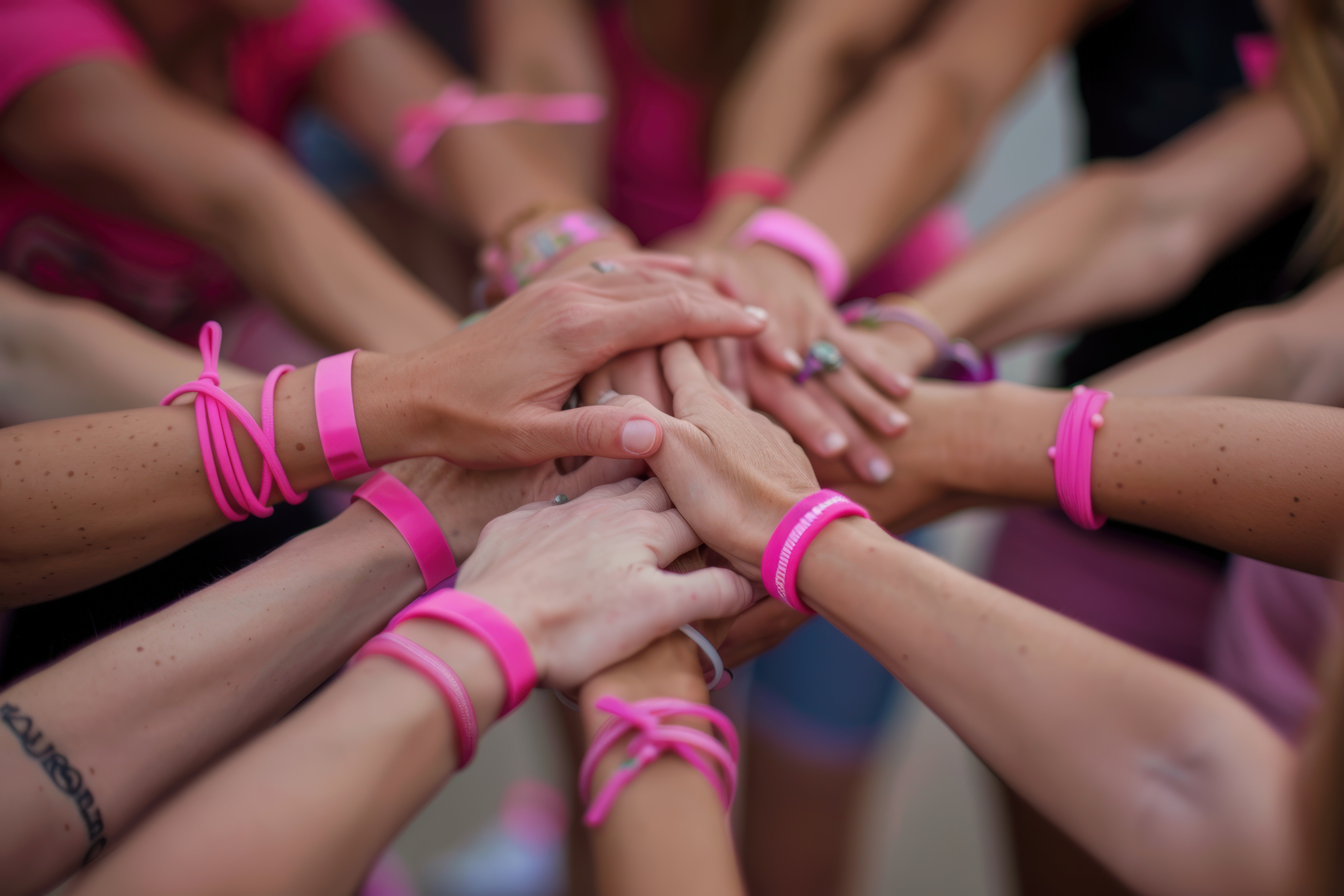 Group of people putting their hands together wearing fundraiser bracelets